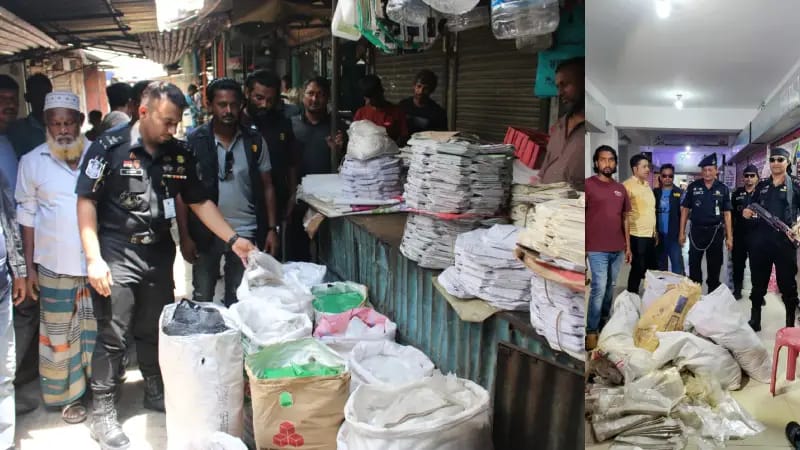 রাজশাহীতে বিপুল পরিমাণ পলিথিন ব্যাগ জব্দ